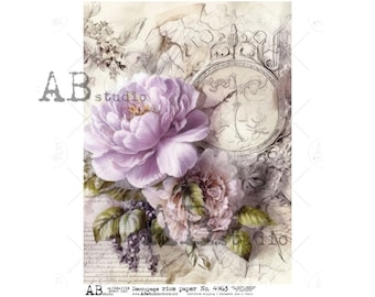AB Studio, Carta di riso, Fiori in stile vintage, Viola, Peonia, Orologio, Shabby Chic, Decoupage, Tecnica mista, ID-4963, A4, 8,27 x 11,69