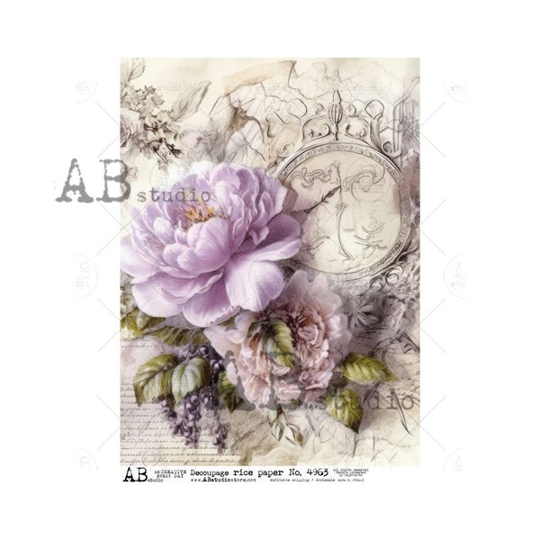 AB Studio, Rice Paper Decoupage, Vintage Style Flowers, Purple, Peony, Clock, Shabby chic,  ID-4963 A4 8.27 x 11.69, Imported Poland