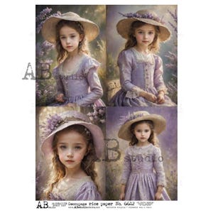 AB Studio, papier de riz, découpage, robe pour filles en violet, chapeau, carrés, vintage, style shabby chic, ID-6612, A4 8,27 X 11,69 pouces