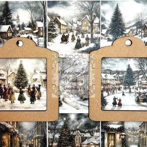 May include: Wooden decorative tags with winter village scenes. Each tag features a framed winter landscape with people, buildings, and a Christmas tree. The tags are connected by a panel with the text "Handcrafted Holiday Traditions".