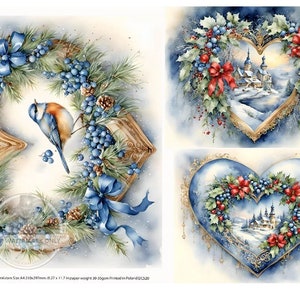 Décoration centrale, Noël, floral bleu, coeurs, oiseaux, hiver, style shabby chic, DC520, papier de riz, découpage, techniques mixtes, A4 8,2 x 11,6