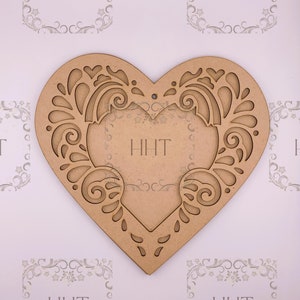 Laser Cut MDF Vintage Style Scroll Work Heart, Base, Blank, Overlay Heart Plaque, 2 pc, Decoupage Crafts, Mixed Media, 9 x 8.5 in, 1/8