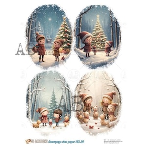 May include: A sheet of decoupage rice paper with four oval illustrations of children in a snowy forest. Each scene features children in winter attire, with Christmas trees and snow. The text "55 CARTOONS decoupage rice paper NO.29" is at the bottom.