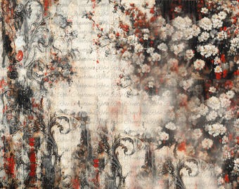 Reba Rose Rice Paper, Decoupage | Vintage Floral Roses Background | A3 11.7 x 16.5, Red, Black, White, Mixed Media, Furniture Upcycle