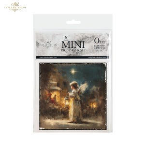 May include: A package of 6 mini rice paper sheets featuring a printed illustration of an angel holding a lantern under a bright star. The packaging includes the text 6 sheets MINI RICE PAPER SET, Our passion is PAPER, and the Itd. COLLECTION logo.