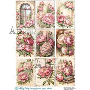 AB Studio, papier de riz, découpage, pivoines roses, vintage, carrés, shabby chic, carrés, vallée lactée, ID-66, A4 8,27 x 11,69 importé