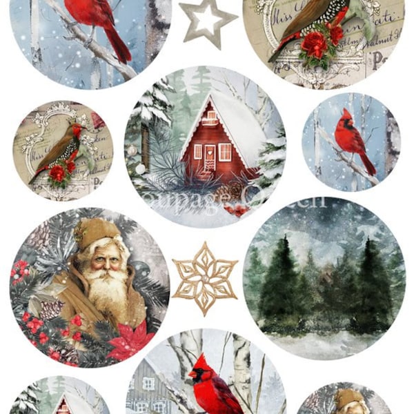 Decoupage Königin, Winter 2023, Weihnachten, Reis-Papier, A4 8,27 X 11,69, Ornament, Runden, Kardinäle, Santa, 0524