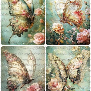 Reba Rose Creations, papier de riz, découpage, techniques mixtes, printemps, papillons, rose, roses, carrés, shabby chic, 1739, A4 8,27 x 11,6