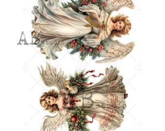 May include: Two vintage angel illustrations. Each angel is depicted with feathered wings, flowing white gowns, and adorned with holly and red berries. The angels have blonde hair and are surrounded by a white background. The text "Filky Valley decoupage rice paper id-639" is at the bottom.