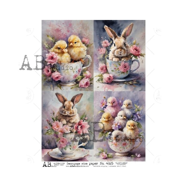 AB Studio, Rice Paper, Decoupage, Spring, Easter, Tea Cups, Chicks, Bunny, Flowers, Squares, ID4825 A4 8.27 x 11.69, Imported Poland