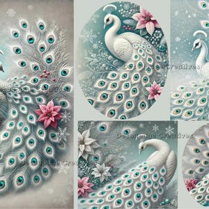 Objets créatifs pour découpage, papier de riz, Noël, paon d'hiver, bleu, carrés, ronds, shabby chic, techniques mixtes, A4 8,27 x 11,69 DPD649