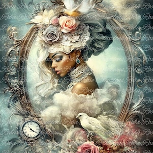 Reba Rose Creations, papier de riz pour découpage, techniques mixtes, portrait de femme encadré, floral, shabby chic, A4 8,27 x 11,6