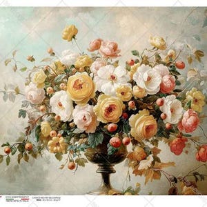 Diseños de papel, Papel de arroz, Lanzamiento 2024, Flores, Jarrón, Rosas, Shabby Chic, Estilo vintage, Decoupage, Técnica mixta, 0428, A4 8,3" x 11,7"