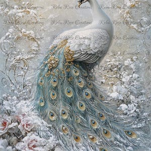 Reba Rose Creations, papier de riz pour découpage, techniques mixtes, hiver, paon blanc, fleurs, shabby chic, style vintage, 1568 A4 8,27 x 11,6