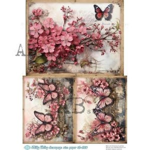 AB Studio, Milky Valley, papier de riz, découpage, fleurs roses, papillons, carrés, étiquettes, shabby chic, ID-510, A4 8,27 x 11,69 pouces