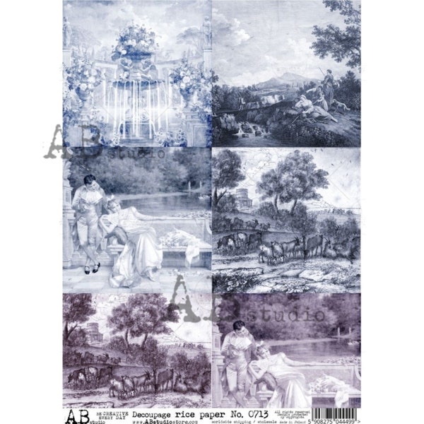 AB Studio Shabby Chic Vintage Victorian Landscape Scene Squares 0713 A4 8.27 X 11.69 inches Rice Paper for Decoupage Imported from Poland