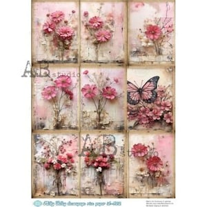 AB Studio, Milky Valley, papier de riz, découpage, fleurs roses, papillons, carrés, étiquettes, shabby chic, ID-512, A4 8,27 x 11,69 pouces