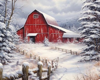 Reba Rose Reispapier für Decoupage, Mixed Media, Rote Scheune, Winter, Landschaft, Winter, Bauernhof, 0759, A4 8,27 X 11,6