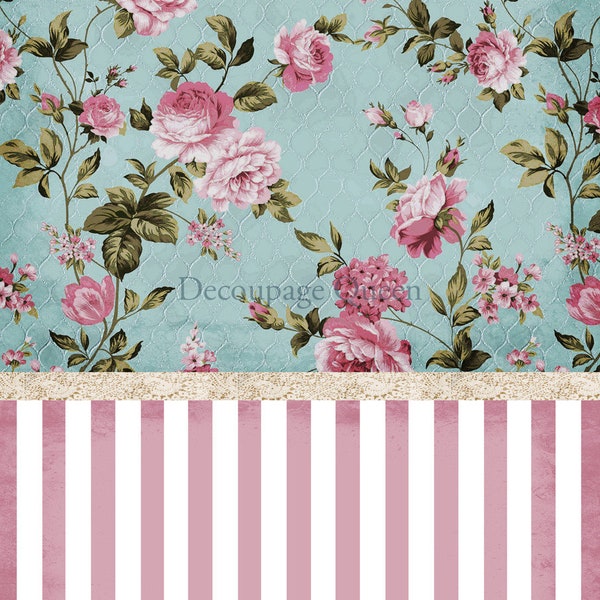 Decoupage Queen, Rice Paper, 2024 Spring Release, Pink White Stripe, Background, Roses, Turquoise, Shabby Chic, 0550, A4 8.3" X 11.7"