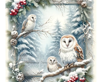 Decoupage Creatives, Rice Paper, White, Barn, Owls, Winter, Forest, Snow,  Mixed Media, Christmas, A4 8.27 X 11.69, DPD152