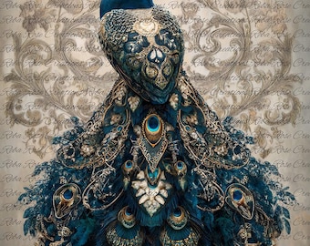 Reba Rose Rice Paper for Decoupage, Blue and Gold Peacock, Flourishes, Mixed Media, A4, 8.27 X 11.6