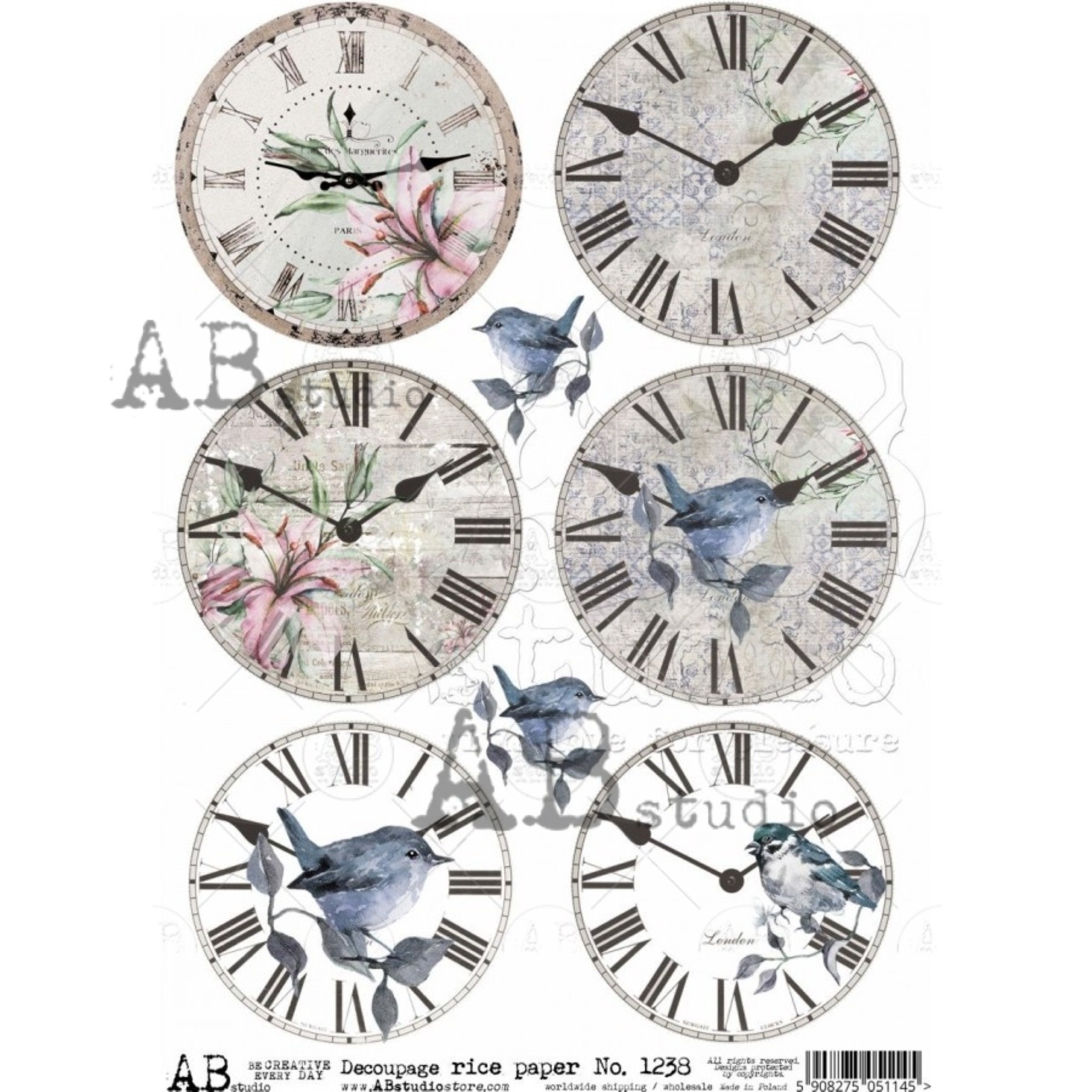 AB Studio, Rice Paper, Vintage Clocks, Blue Birds, Rounds, Shabby Chic ...