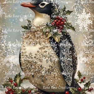 Reba Rose Creations, papier de riz pour découpage, techniques mixtes, Noël, pingouin, baies de houx, shabby chic, 1365, A4, 8,27 x 11,6