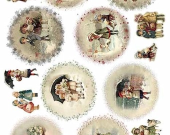 ITD Collection, Rice Paper, Decoupage,  R1490, A4 - 8.27x11.7 , Vintage Christmas, children, Rounds, Ornaments Mixed Media