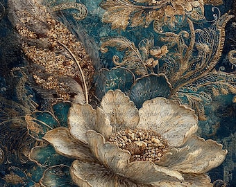 Reba Rose Rice Paper for Decoupage, Blue and Gold Florals, Mixed Media,  A4, 8.27 X 11.6
