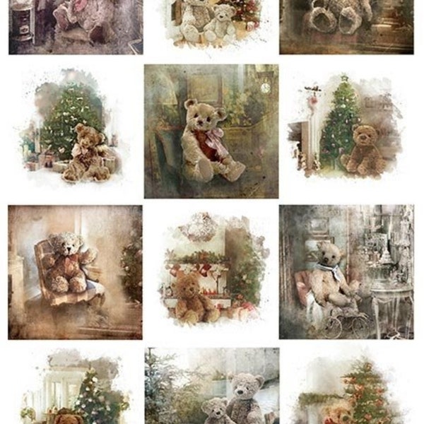 ITD Collection Rice Paper for Decoupage R1782, Size A4 - 210x297 mm, 8.27x11.7 inch, Teddy, teddy bears, Christmas tree, Christmas squares