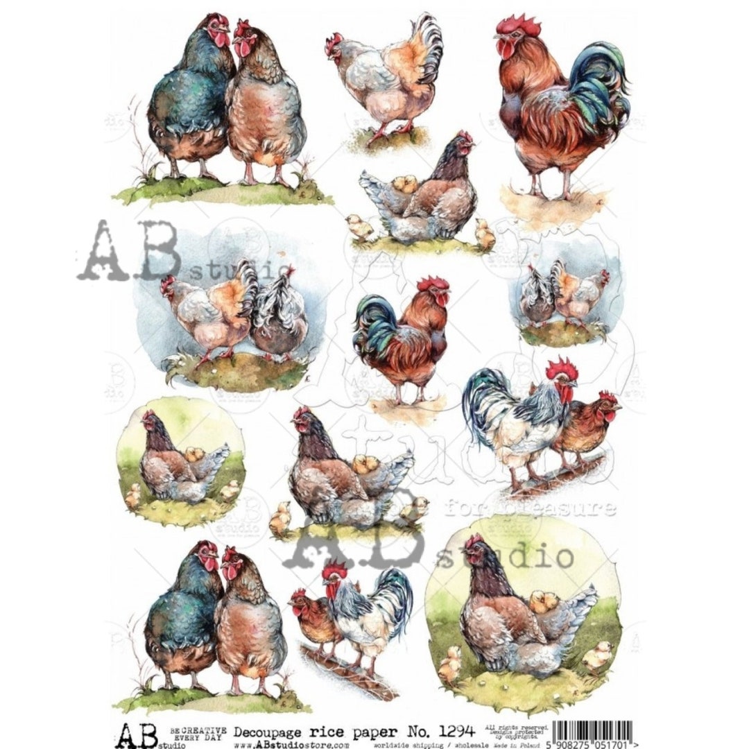 AB Studio Shabby Chic, Roosters, Hens, Chics, 1294, Size: A4 8.27 X 11. ...