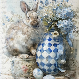 Reba Rose Creations, papier de riz, découpage, techniques mixtes, lapin de Pâques, oeufs, fleurs, bleu, blanc, vase, shabby chic, 1715, A4 8,27 x 11,6