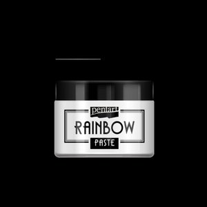 May include: A white jar with a black lid, labeled "pentart RAINBOW PASTE" in a black, art deco style font. The jar is set against a black background.