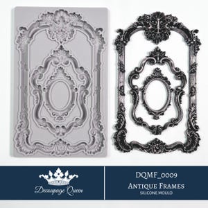 May include: Silicone mold for making decorative antique frames. The mold is gray and shows four different frame designs. The mold is next to a silver-colored example of the frames.