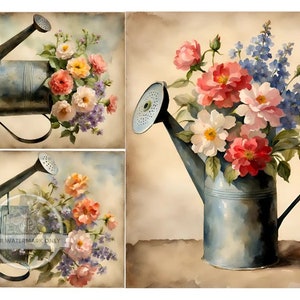 Découpage central, papier de riz, vintage, printemps, floral, arrosoir, carrés, fleurs, shabby chic, DC340, techniques mixtes, A4 8,27 x 11,69