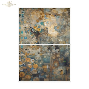 May include: Abstract art print featuring a mosaic of shapes and colors. The artwork is divided into two sections, with a palette of blues, browns, and yellows. The design includes circular and rectangular elements, creating a textured appearance. The artwork is framed in white.
