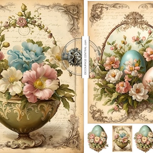 Decoupage central, papier de riz, vintage, Pâques, paniers, urne dorée, fleurs, œufs, shabby chic, DC212, techniques mixtes, A4 8,27 x 11,69