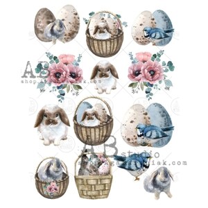 May include: Watercolor illustrations of Easter eggs, bunnies, and birds. The illustrations feature a variety of colors, including blue, brown, pink, and green. The illustrations are perfect for adding a touch of spring to your crafts and projects.