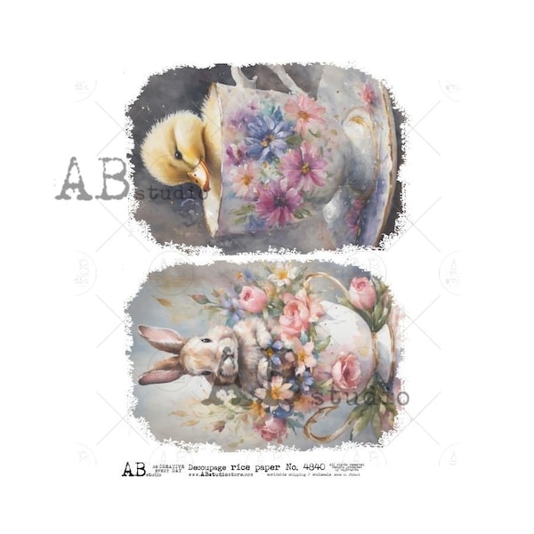AB Studio, Rice Paper, Decoupage, Spring, Easter, Tea Cups, Chick, Bunny, Flowers, Squares, ID-4840 A4 8.27 x 11.69, Imported Poland