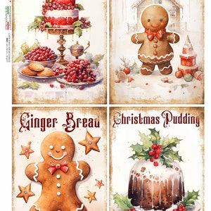 Diseños de papel, Navidad, lanzamiento especial, dulces, pan de jengibre, pasteles, postres, paquete de 4, papel de arroz A4 de 8,3" x 11,7" para decoupage