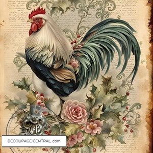 Decoupage Central, Gallo, Flores, Colorido, Vintage, Estilo Shabby Chic, DC113, Papel de Arroz, Decoupage, Técnica Mixta, A4 8,27 x 11,69