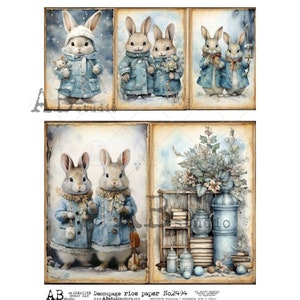 AB Studio, Rice Paper, Shabby Chic, Vintage, Blue, Bunny, Rabbit, Couple, Squar, 2494, A4 8.27 X 11.69, Decoupage, Mixed Media, Crafts