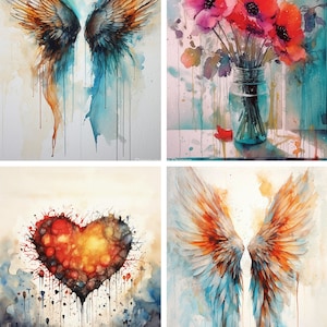 May include: Four watercolor paintings, each depicting a different image. The first painting shows a pair of blue and orange angel wings with watercolors dripping down. The second painting shows a bouquet of red and pink flowers in a clear glass jar. The third painting shows a large red heart with watercolors dripping down. The fourth painting shows a pair of blue and orange angel wings with watercolors dripping down.