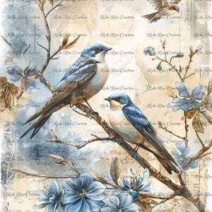 Reba Rose Creations, papier de riz pour découpage, techniques mixtes, bleu, oiseaux, fleurs, shabby chic, 1544, A4 8,27 x 11,6
