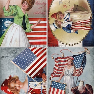 Decoupage Queen, papier de riz, sortie de printemps 2024, 4 juillet, lot de 4 images vintage, Americana, patriotique, 0582, A4 8,3 x 11,7 po.