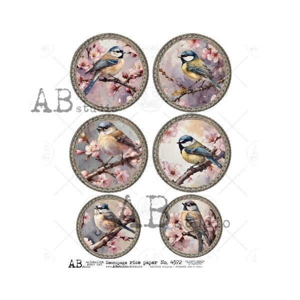AB Studio, Rice Paper Decoupage, Spring, Birds, Cherry Blossoms, Rounds, Ornaments, Shabby chic, ID-4572 A4 8.27 x 11.69, Imported Poland