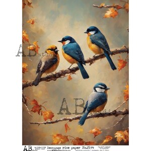 AB Studio, papier de riz pour découpage, romantique, shabby chic, oiseaux bleus, feuilles d'automne, branches, 2594, A4 8,27 X 11,69, importé de Pologne