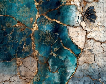 Reba Rose Rice Paper for Decoupage, Blue and Gold Marbling, Background, Mixed Media,  A4, 8.27 X 11.6