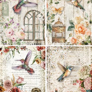 Decoupage Queen, Papier de riz, printemps 2025, shabby chic, colibris, papier peint, carrés, fleurs, 0716, A4 8 x 11,7, découpage, techniques mixtes