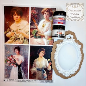 May include: An assortment of craft supplies including decoupage rice paper with vintage portraits, white acrylic paint, matte decoupage varnish, and a white ornate frame. The image also includes the text "Handcrafted Holiday Traditions".